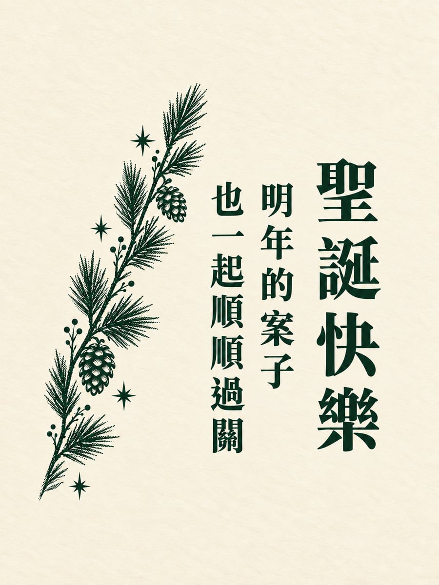 雙色絹印松枝。圖中文字：聖誕快樂，明年的案子，也一起順順過關
