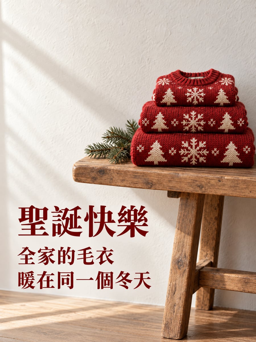 大中小三件紅毛衣。圖中文字：聖誕快樂，全家的毛衣，暖在同一個冬天