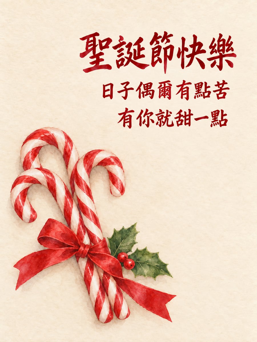 綁在一起的拐杖糖。圖中文字：聖誕節快樂，日子偶爾有點苦，有你就甜一點