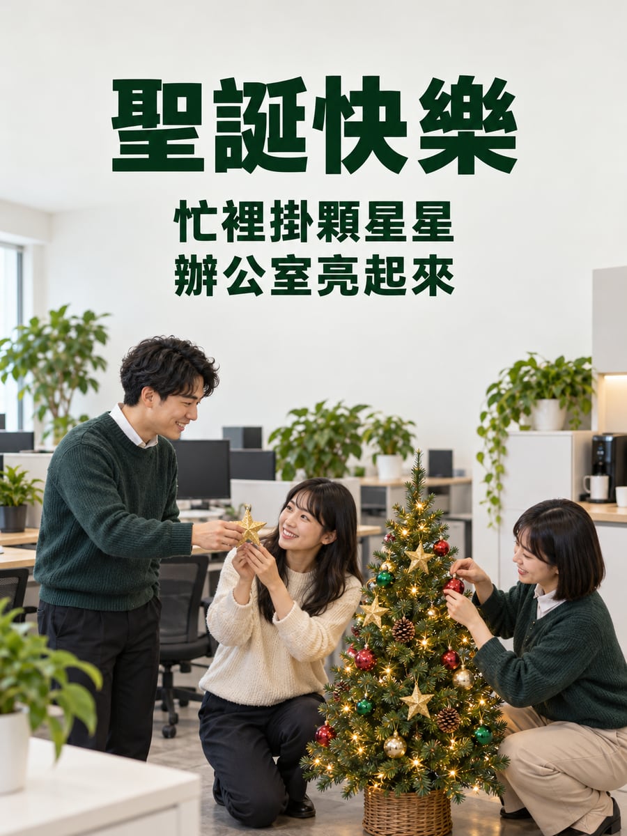 同事一起佈置聖誕樹。圖中文字：聖誕快樂，忙裡掛顆星星，辦公室亮起來