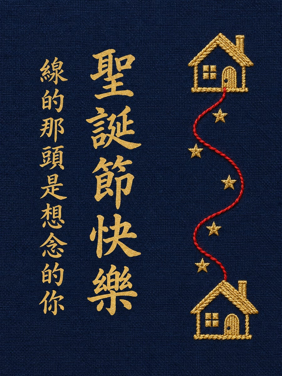 紅線連起兩間小房子。圖中文字：聖誕節快樂，線的那頭是想念的你
