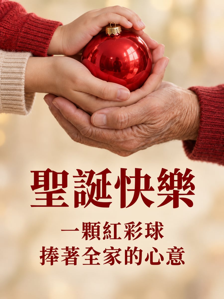 三代的手捧著紅彩球。圖中文字：聖誕快樂，一顆紅彩球，捧著全家的心意
