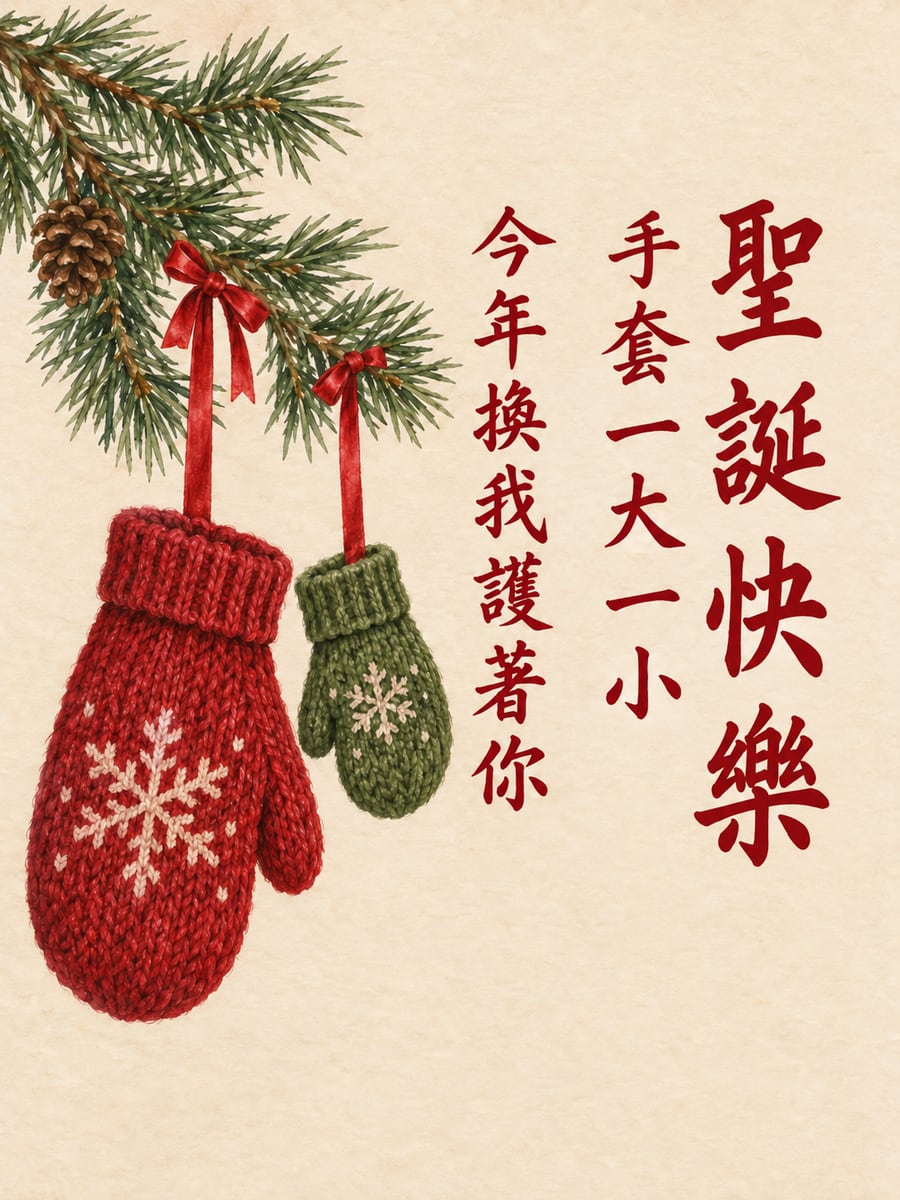 一大一小的毛線手套。圖中文字：聖誕快樂，手套一大一小，今年換我護著你