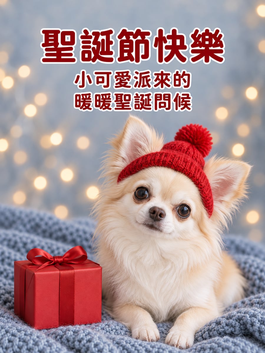 戴紅帽的長毛吉娃娃。圖中文字：聖誕節快樂，小可愛派來的，暖暖聖誕問候