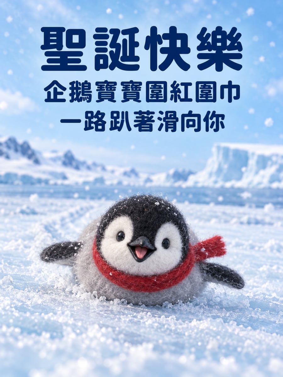 企鵝寶寶滑冰。圖中文字：聖誕快樂，企鵝寶寶圍紅圍巾，一路趴著滑向你