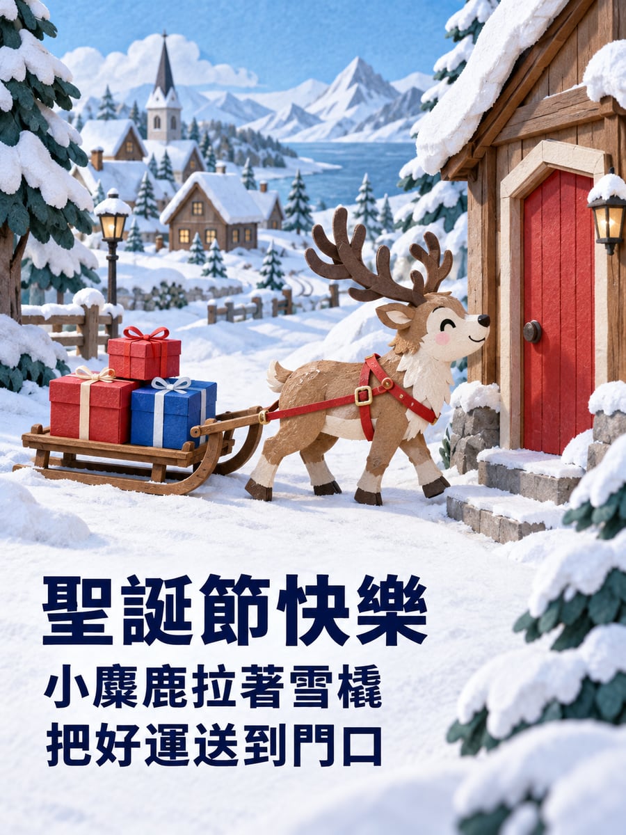 紙雕麋鹿拉雪橇。圖中文字：聖誕節快樂，小麋鹿拉著雪橇，把好運送到門口
