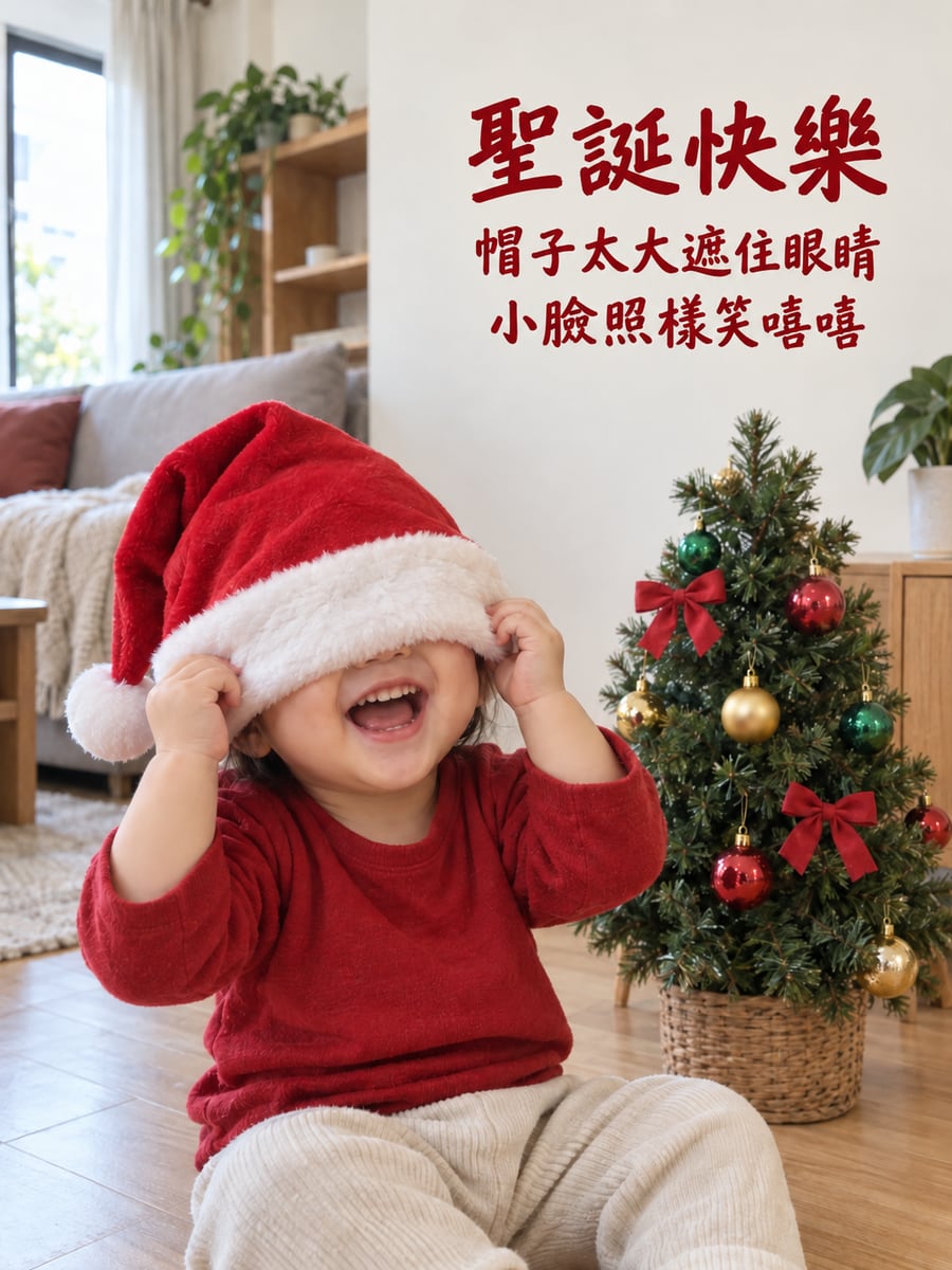 聖誕帽太大了。圖中文字：聖誕快樂，帽子太大遮住眼睛，小臉照樣笑嘻嘻