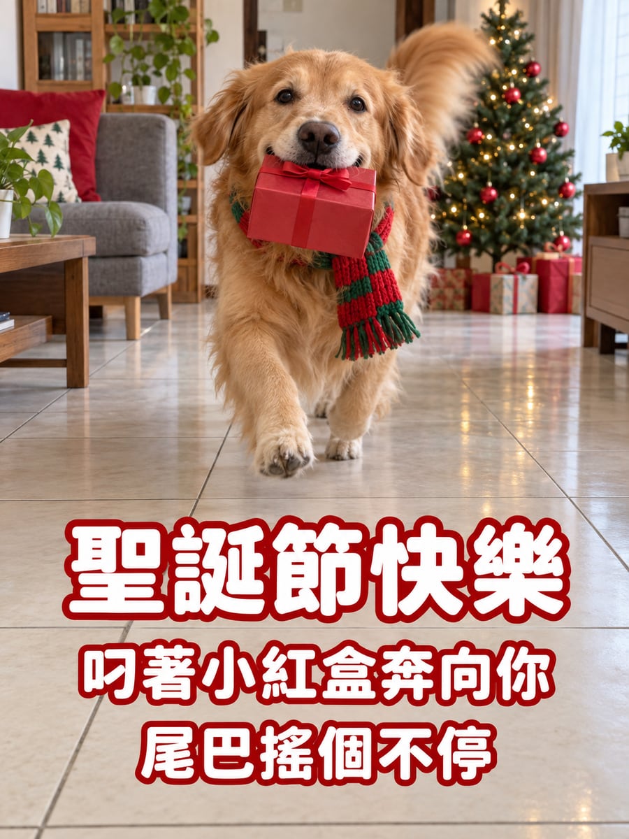 黃金獵犬叼小紅盒。圖中文字：聖誕節快樂，叼著小紅盒奔向你，尾巴搖個不停