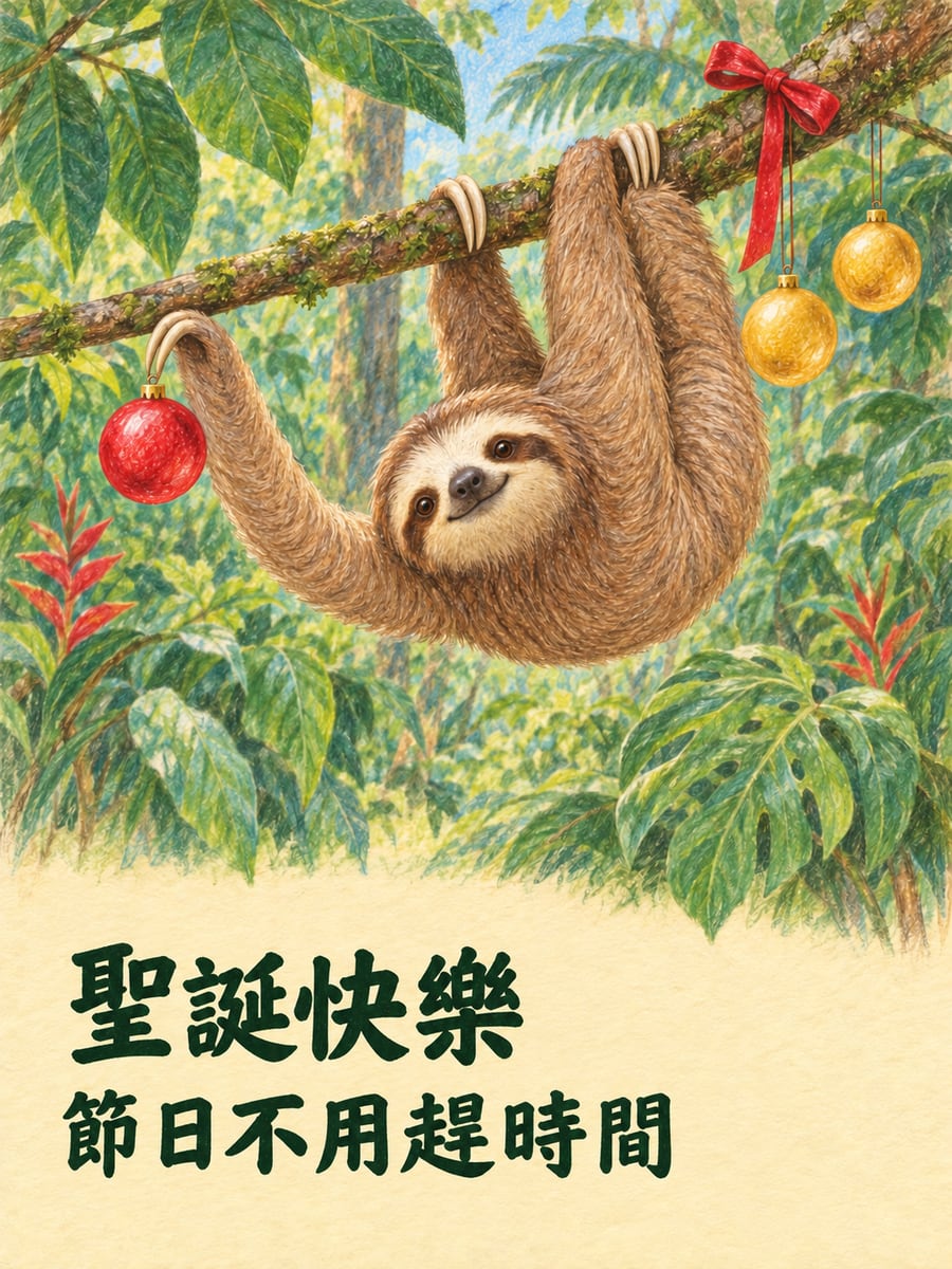 樹懶慢慢掛彩球。圖中文字：聖誕快樂，節日不用趕時間