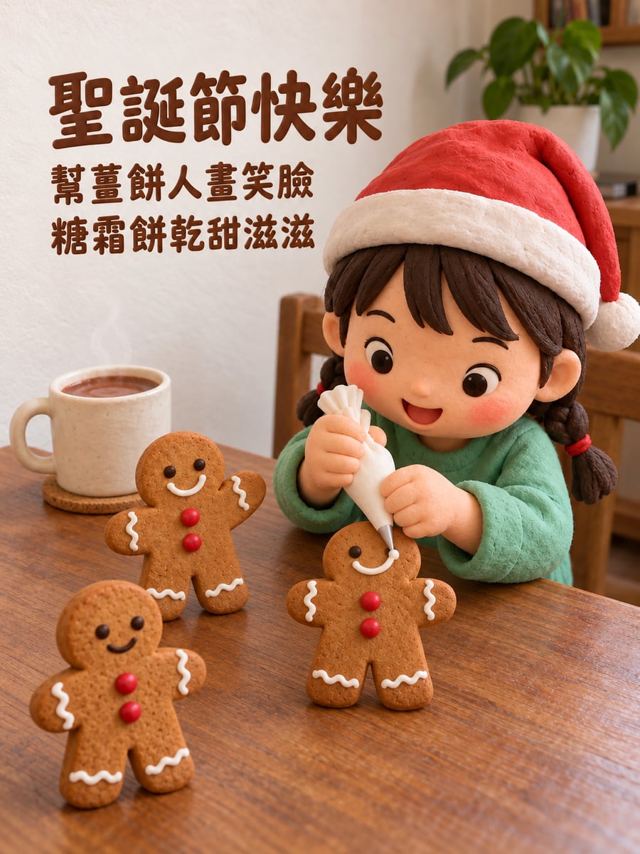 幫薑餅人畫笑臉。圖中文字：聖誕節快樂，幫薑餅人畫笑臉，糖霜餅乾甜滋滋