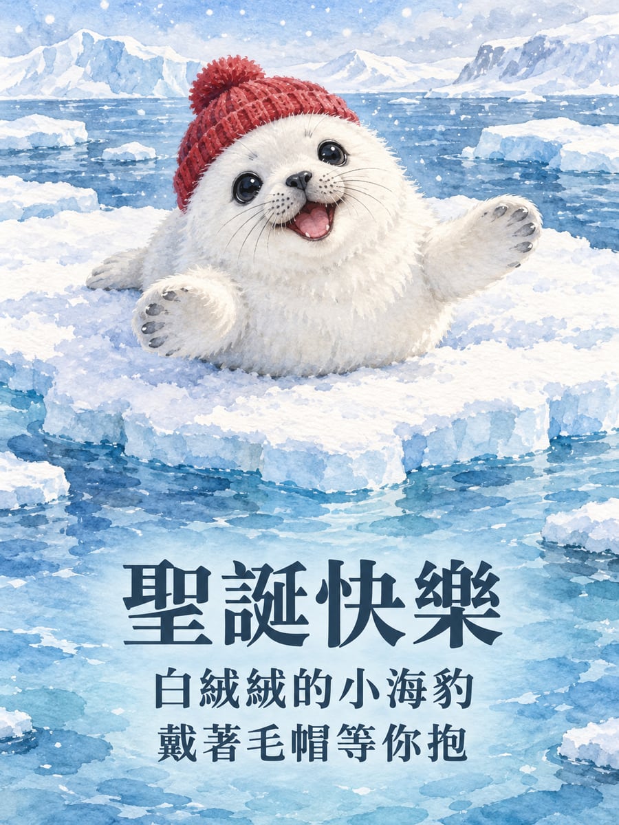 小海豹戴毛帽。圖中文字：聖誕快樂，白絨絨的小海豹，戴著毛帽等你抱