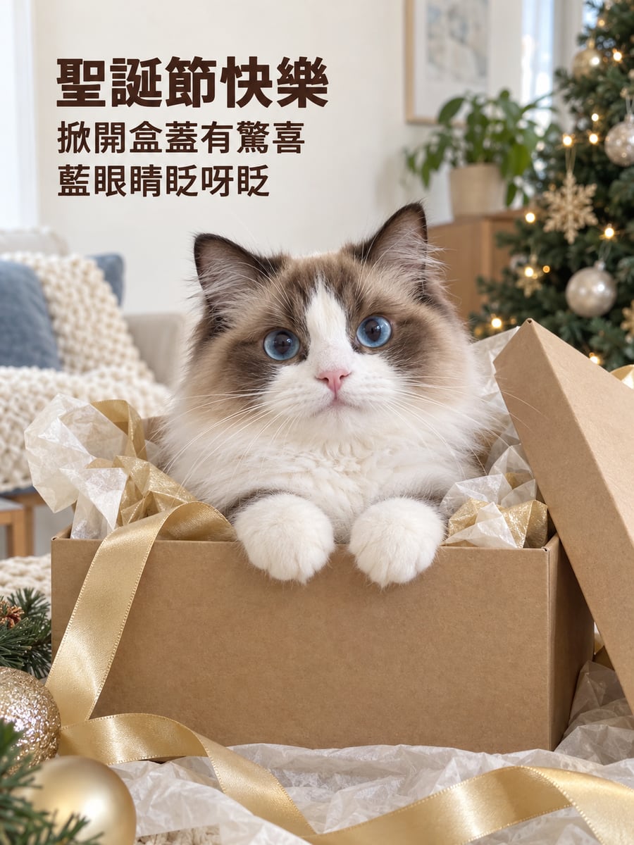 布偶貓藏在禮物盒。圖中文字：聖誕節快樂，掀開盒蓋有驚喜，藍眼睛眨呀眨
