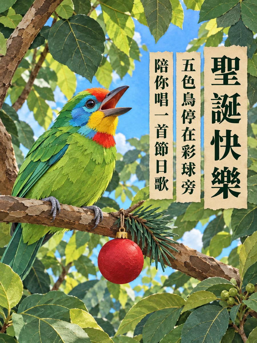 五色鳥與紅彩球。圖中文字：聖誕快樂，五色鳥停在彩球旁，陪你唱一首節日歌