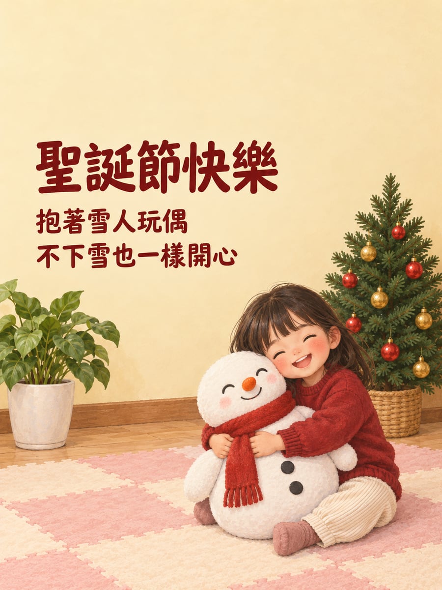 抱著雪人玩偶。圖中文字：聖誕節快樂，抱著雪人玩偶，不下雪也一樣開心