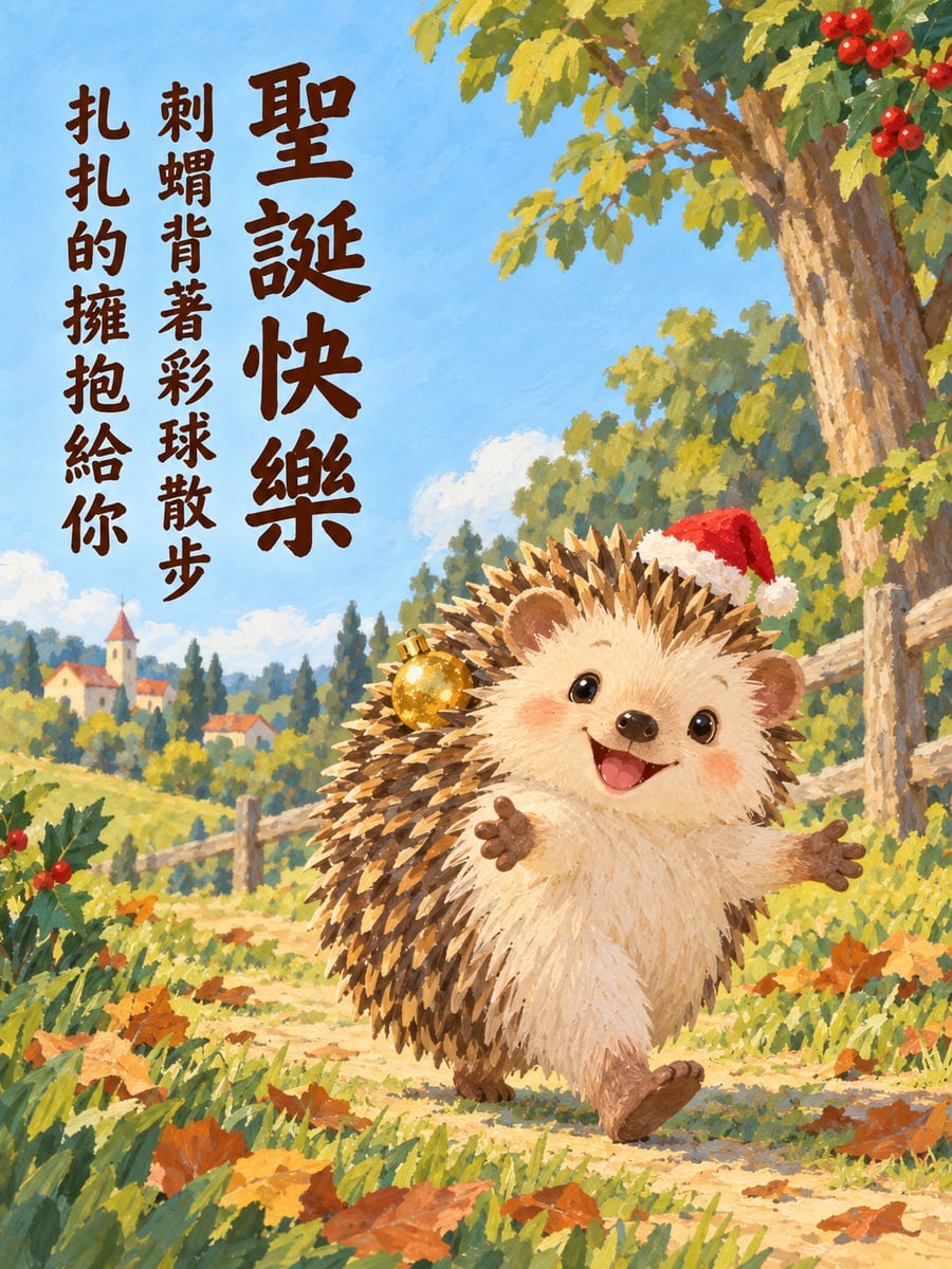 刺蝟背著彩球。圖中文字：聖誕快樂，刺蝟背著彩球散步，扎扎的擁抱給你