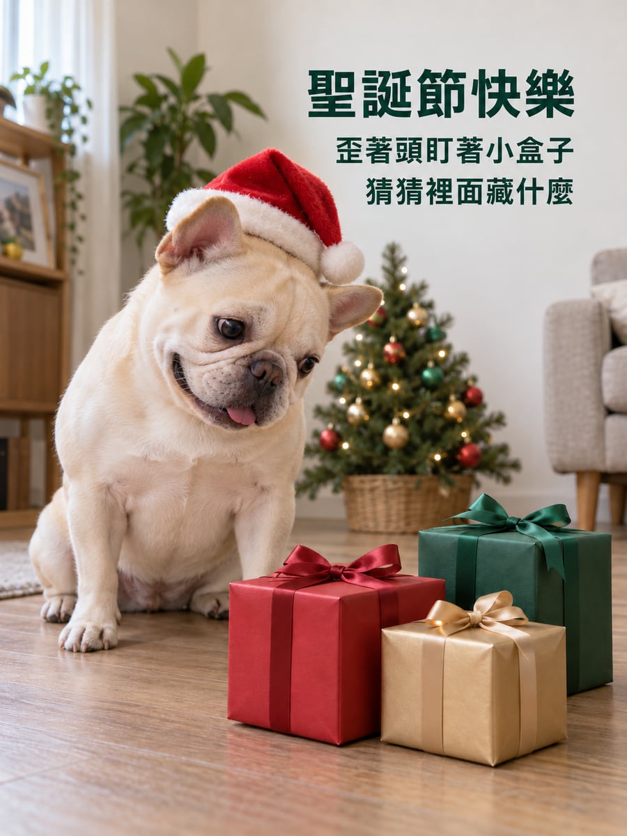 法鬥歪頭猜禮物。圖中文字：聖誕節快樂，歪著頭盯著小盒子，猜猜裡面藏什麼