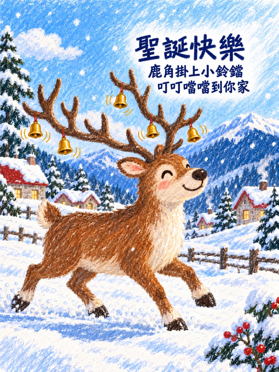 鹿角掛小鈴鐺。圖中文字：聖誕快樂，鹿角掛上小鈴鐺，叮叮噹噹到你家