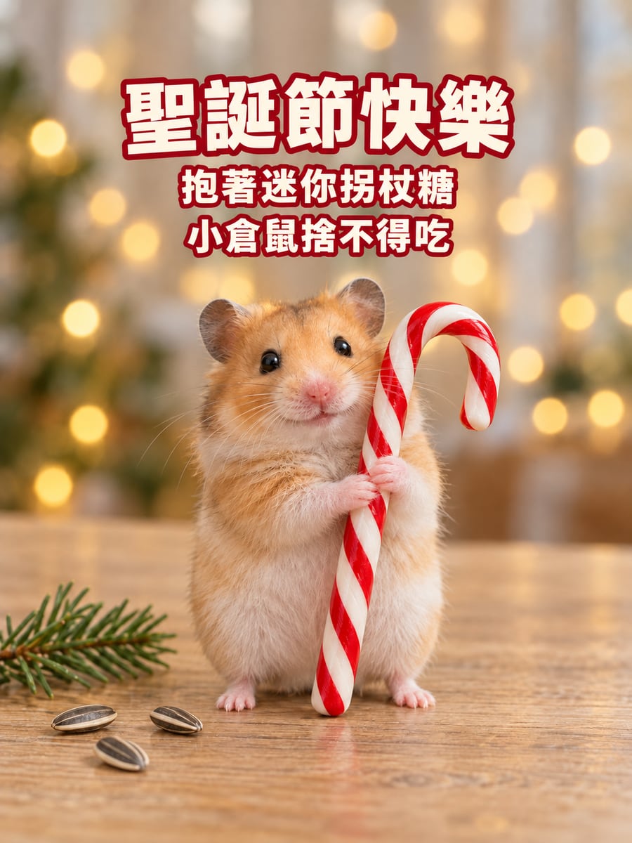 抱拐杖糖的倉鼠。圖中文字：聖誕節快樂，抱著迷你拐杖糖，小倉鼠捨不得吃