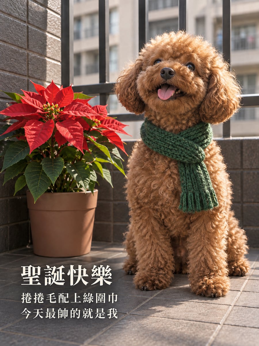 紅貴賓圍綠圍巾。圖中文字：聖誕快樂，捲捲毛配上綠圍巾，今天最帥的就是我