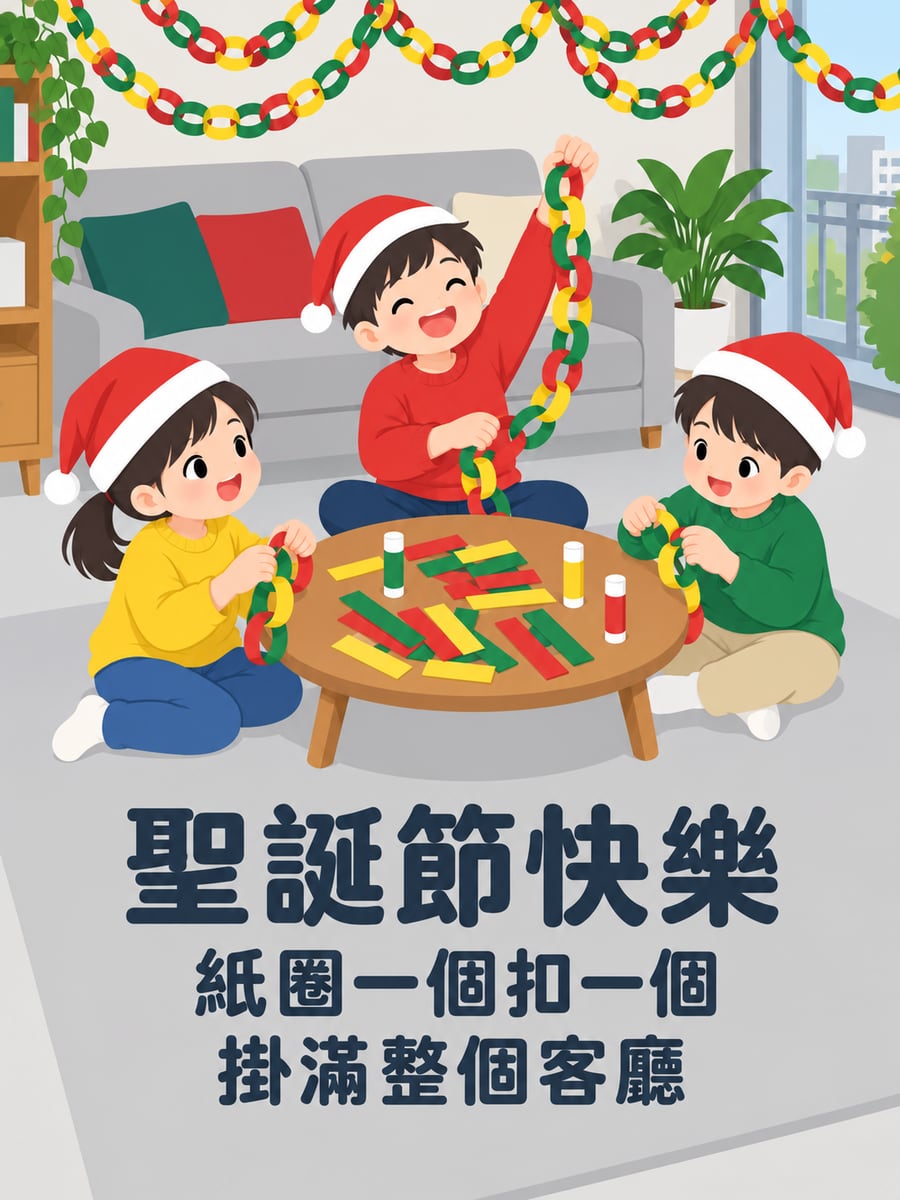 一起做紙圈彩帶。圖中文字：聖誕節快樂，紙圈一個扣一個，掛滿整個客廳
