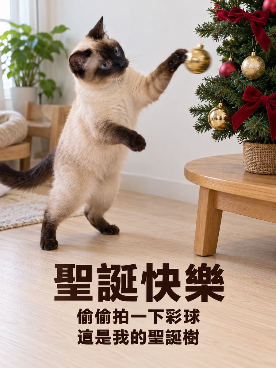 暹羅貓拍彩球。圖中文字：聖誕快樂，偷偷拍一下彩球，這是我的聖誕樹