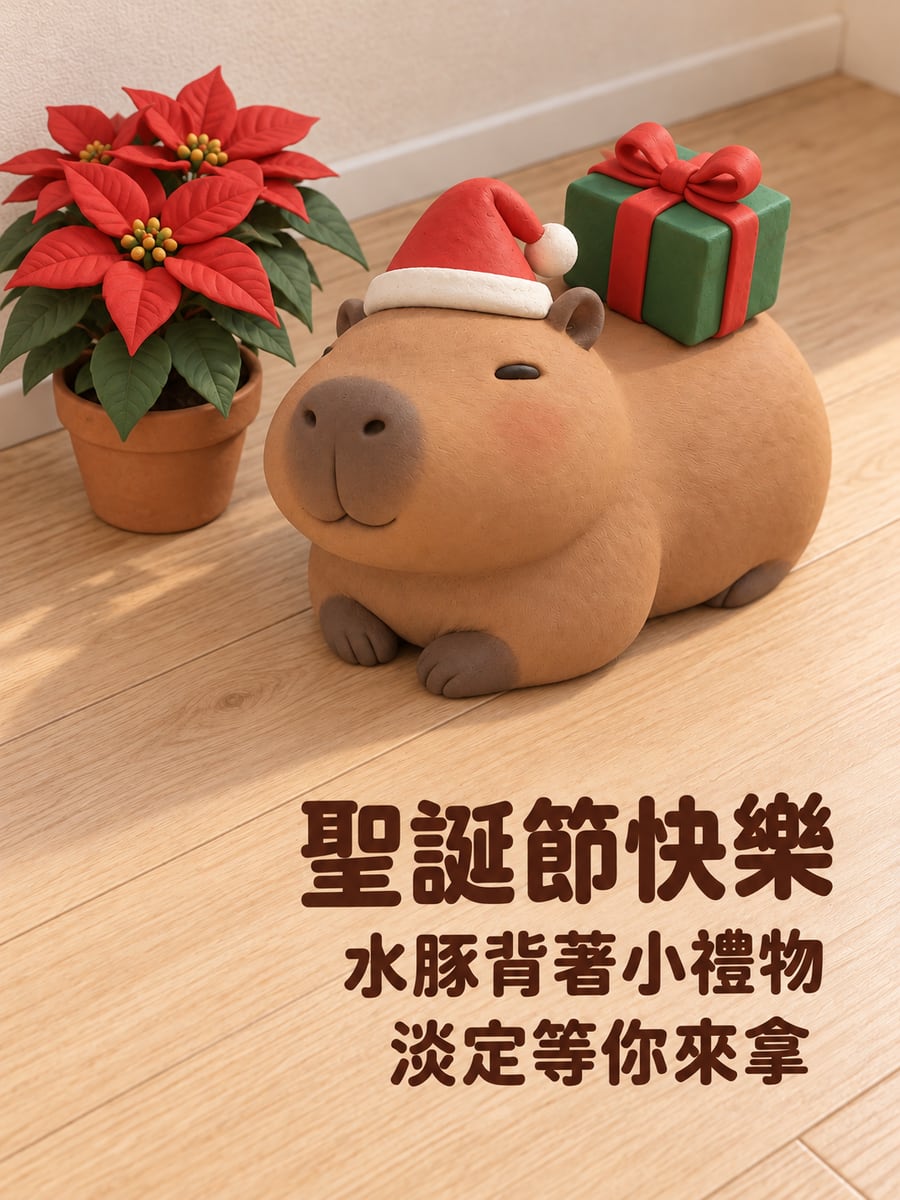 背禮物的水豚。圖中文字：聖誕節快樂，水豚背著小禮物，淡定等你來拿