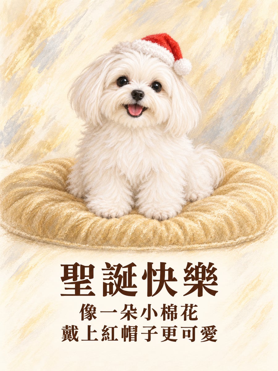 馬爾濟斯戴紅帽。圖中文字：聖誕快樂，像一朵小棉花，戴上紅帽子更可愛