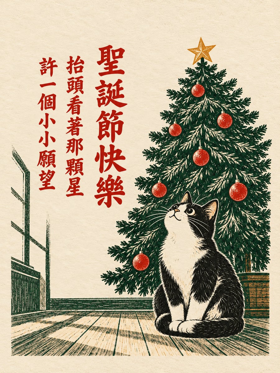 賓士貓看樹頂星星。圖中文字：聖誕節快樂，抬頭看著那顆星，許一個小小願望