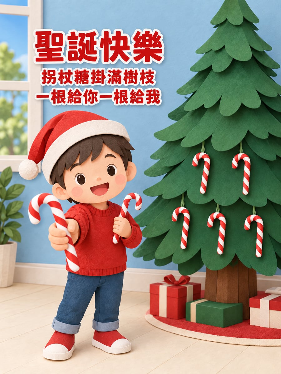 拐杖糖分你一根。圖中文字：聖誕快樂，拐杖糖掛滿樹枝，一根給你一根給我