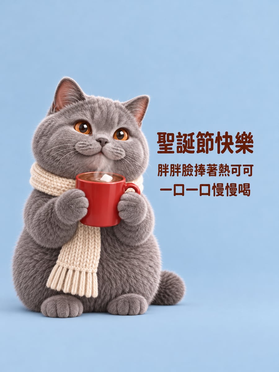 英短捧熱可可。圖中文字：聖誕節快樂，胖胖臉捧著熱可可，一口一口慢慢喝