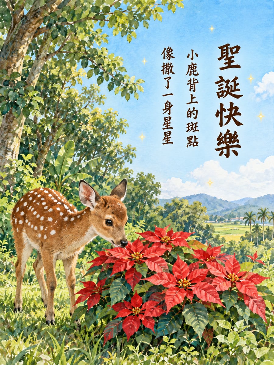 梅花鹿小鹿與聖誕紅。圖中文字：聖誕快樂，小鹿背上的斑點，像撒了一身星星