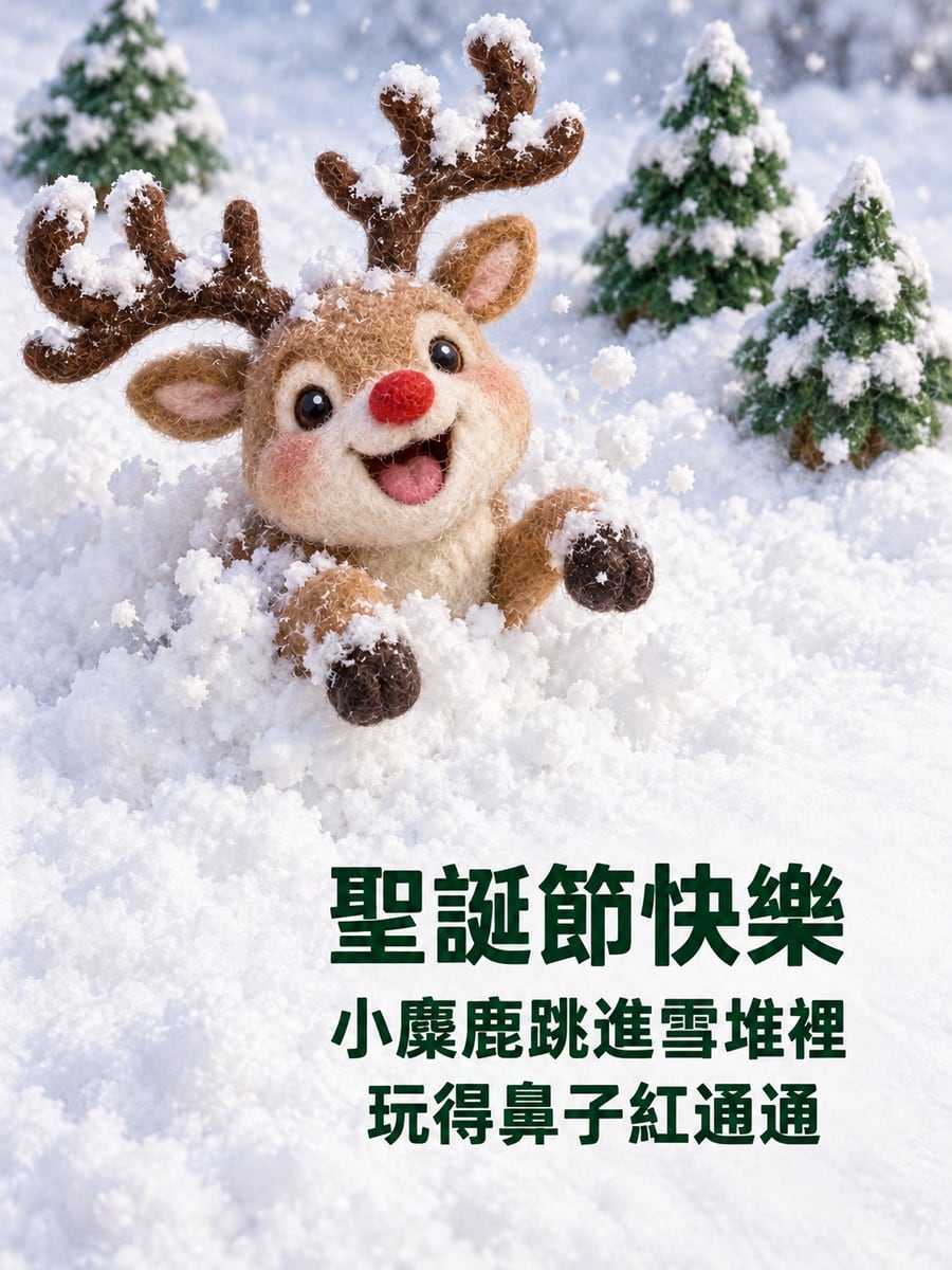 小麋鹿跳進雪堆。圖中文字：聖誕節快樂，小麋鹿跳進雪堆裡，玩得鼻子紅通通