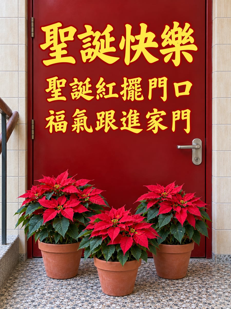 家門口的三盆聖誕紅。圖中文字：聖誕快樂，聖誕紅擺門口，福氣跟進家門