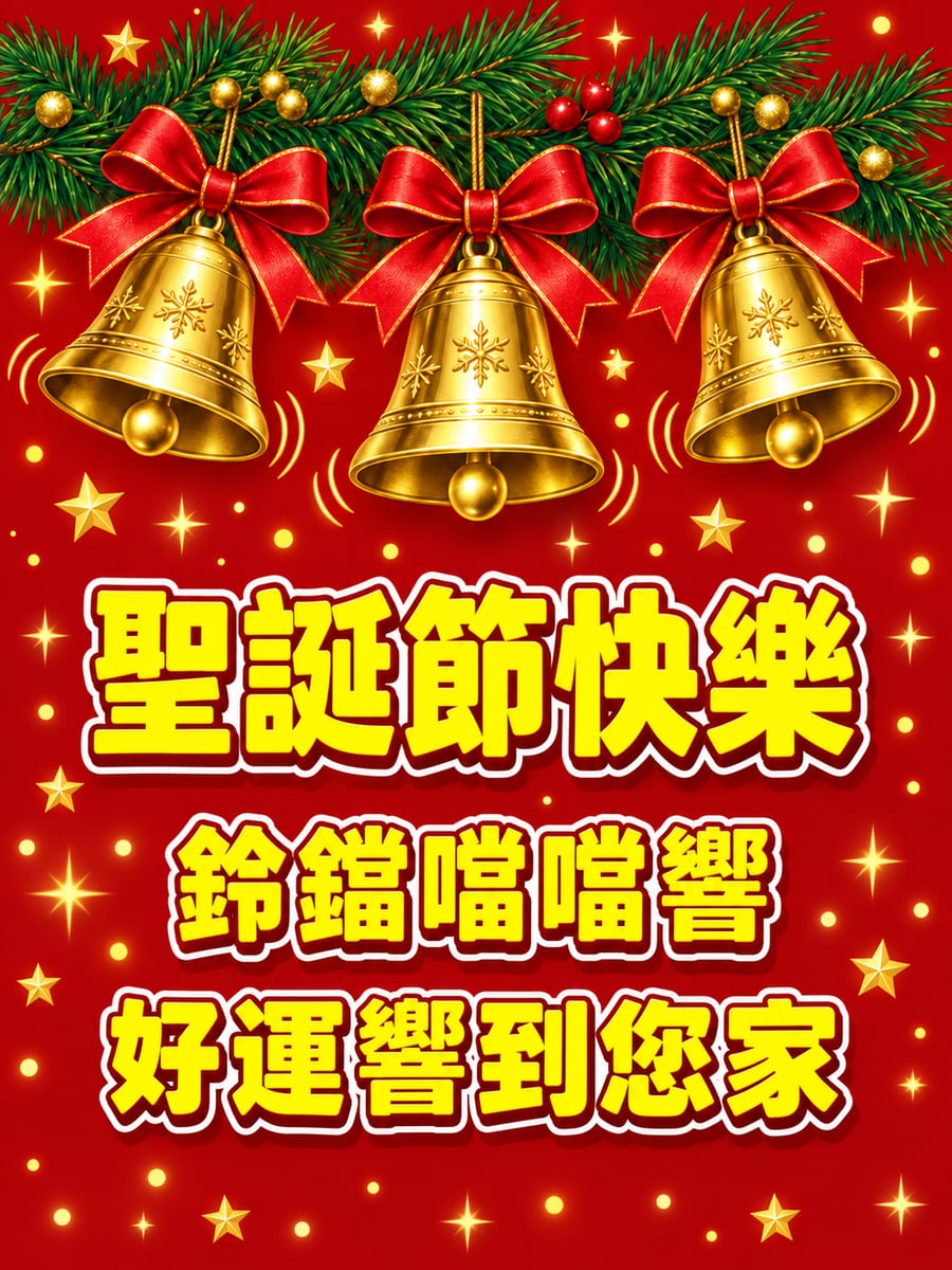 金色鈴鐺噹噹響。圖中文字：聖誕節快樂，鈴鐺噹噹響，好運響到您家