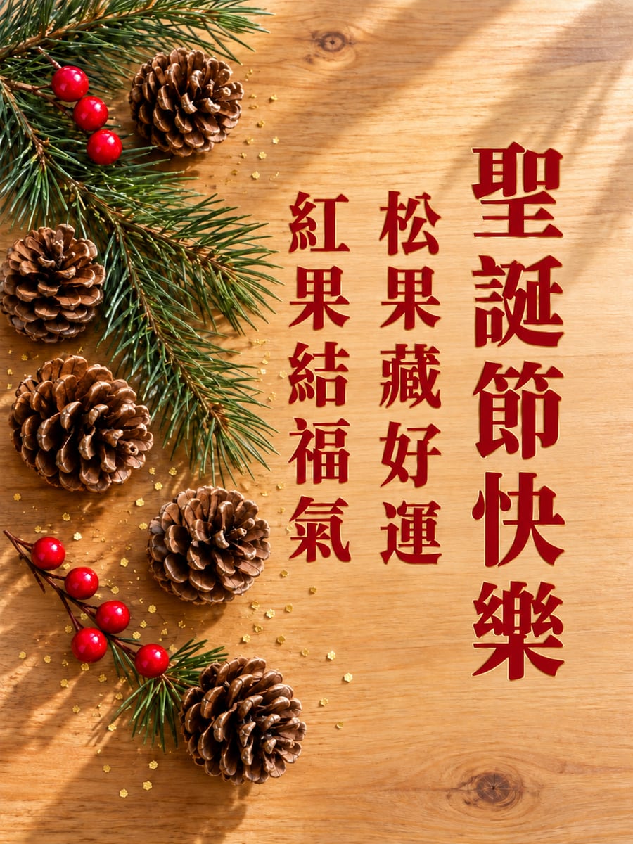 松果配紅果實。圖中文字：聖誕節快樂，松果藏好運，紅果結福氣
