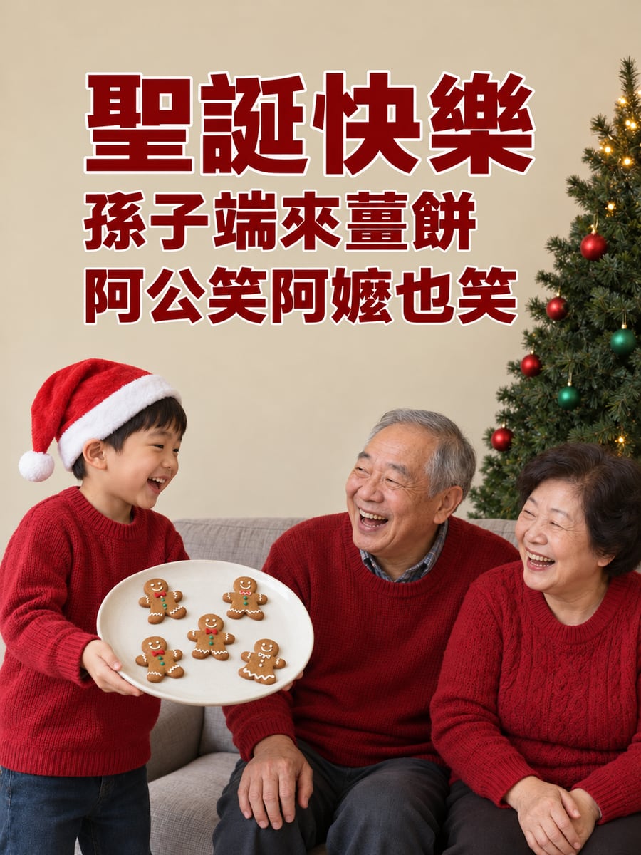 孫子端薑餅給阿公阿嬤。圖中文字：聖誕快樂，孫子端來薑餅，阿公笑阿嬤也笑