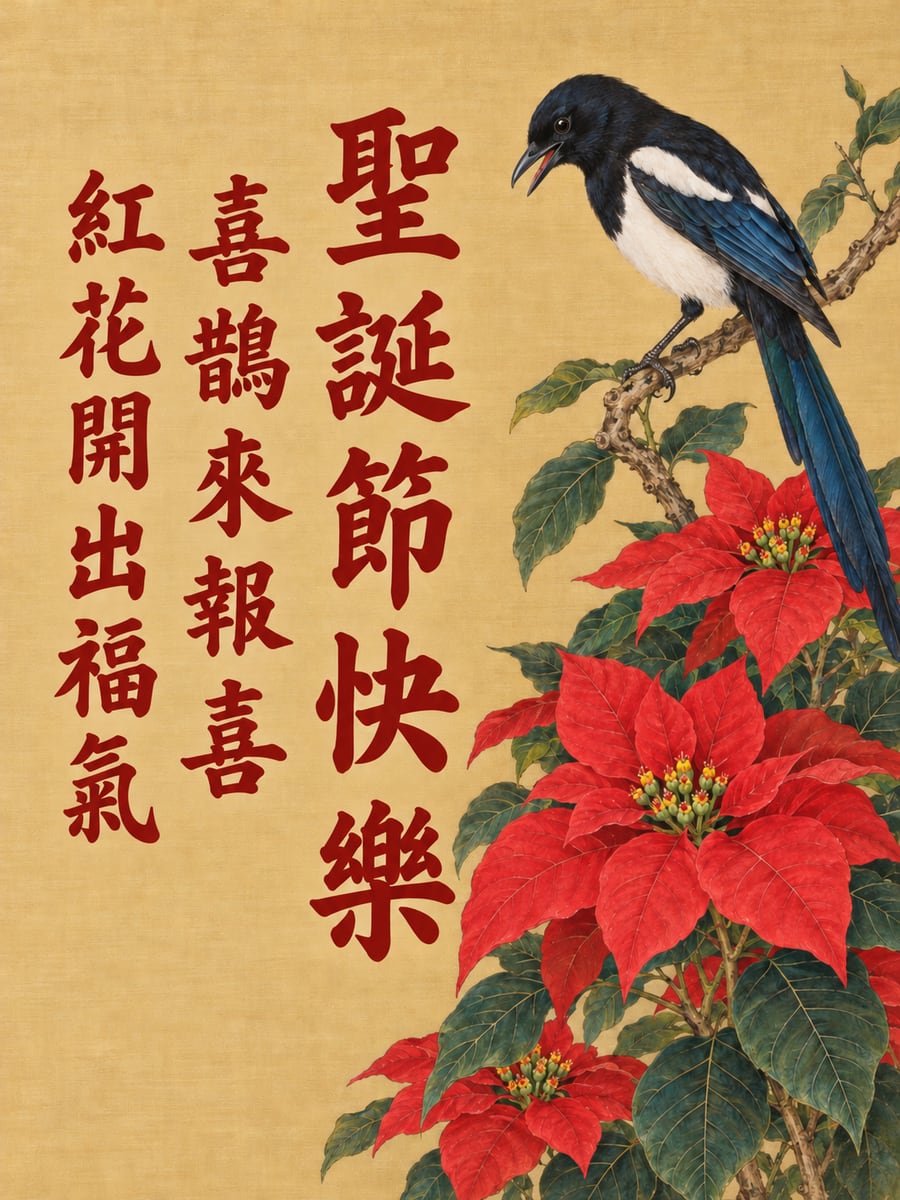 喜鵲停在聖誕紅旁。圖中文字：聖誕節快樂，喜鵲來報喜，紅花開出福氣