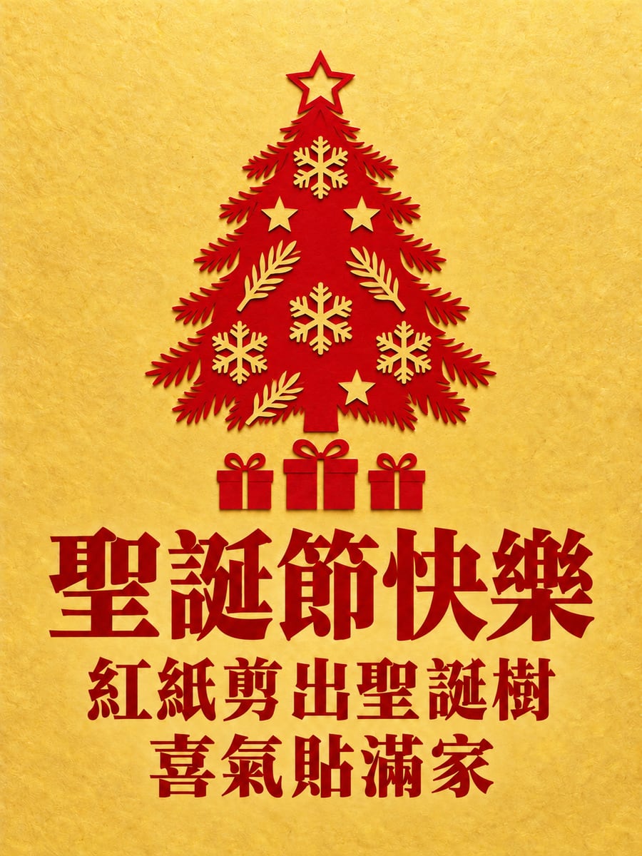 紅色剪紙聖誕樹。圖中文字：聖誕節快樂，紅紙剪出聖誕樹，喜氣貼滿家