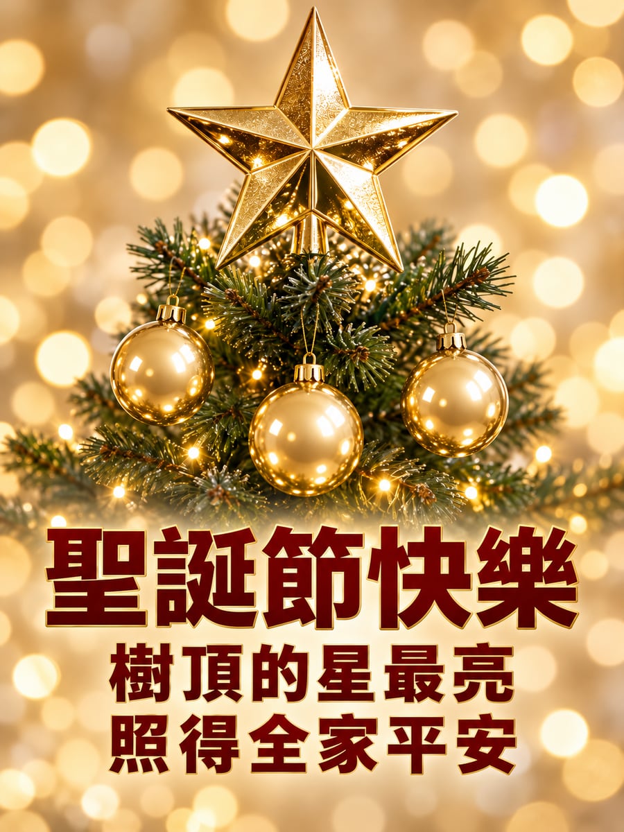 樹頂的金色星星。圖中文字：聖誕節快樂，樹頂的星最亮，照得全家平安