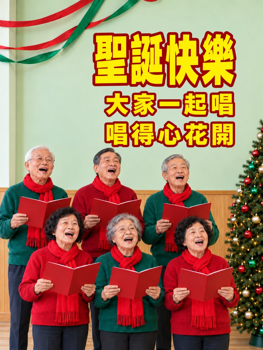 社區長輩一起唱聖誕歌。圖中文字：聖誕快樂，大家一起唱，唱得心花開