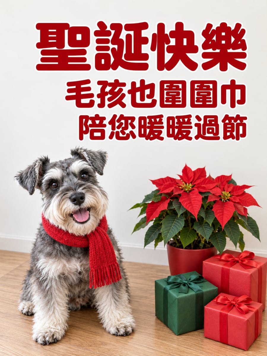 圍紅圍巾的雪納瑞。圖中文字：聖誕快樂，毛孩也圍圍巾，陪您暖暖過節