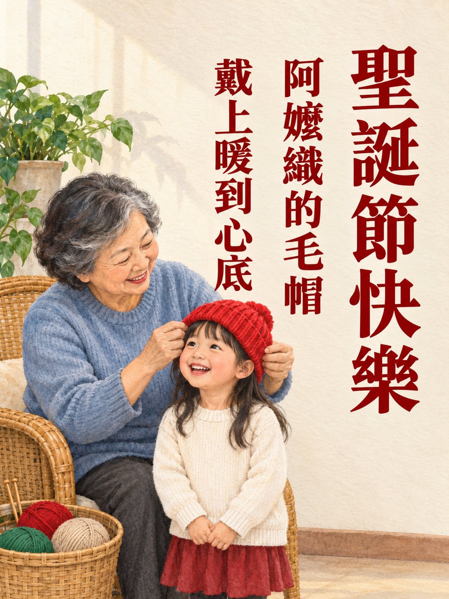 阿嬤織的紅毛帽。圖中文字：聖誕節快樂，阿嬤織的毛帽，戴上暖到心底