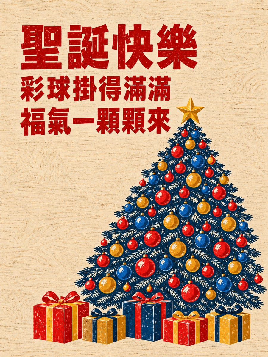 掛滿彩球的版畫聖誕樹。圖中文字：聖誕快樂，彩球掛得滿滿，福氣一顆顆來