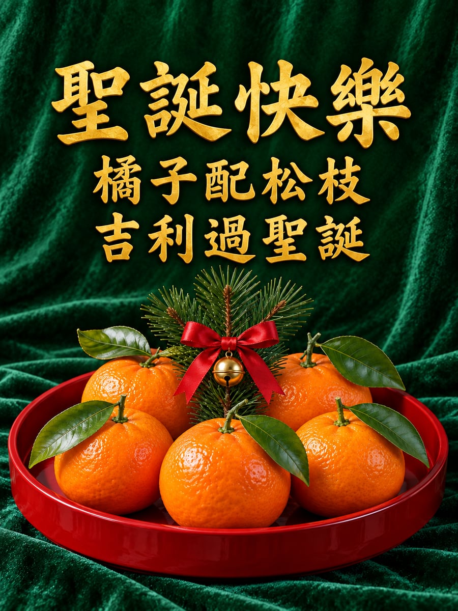 橘子綁上紅緞帶。圖中文字：聖誕快樂，橘子配松枝，吉利過聖誕