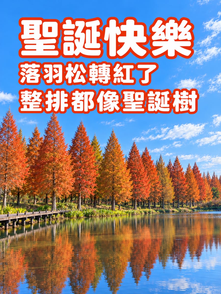 轉紅的落羽松。圖中文字：聖誕快樂，落羽松轉紅了，整排都像聖誕樹