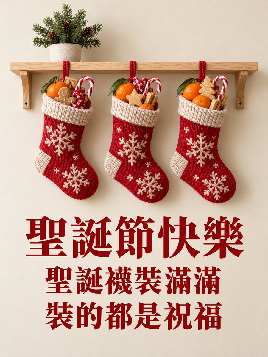 木架上的三隻聖誕襪。圖中文字：聖誕節快樂，聖誕襪裝滿滿，裝的都是祝福