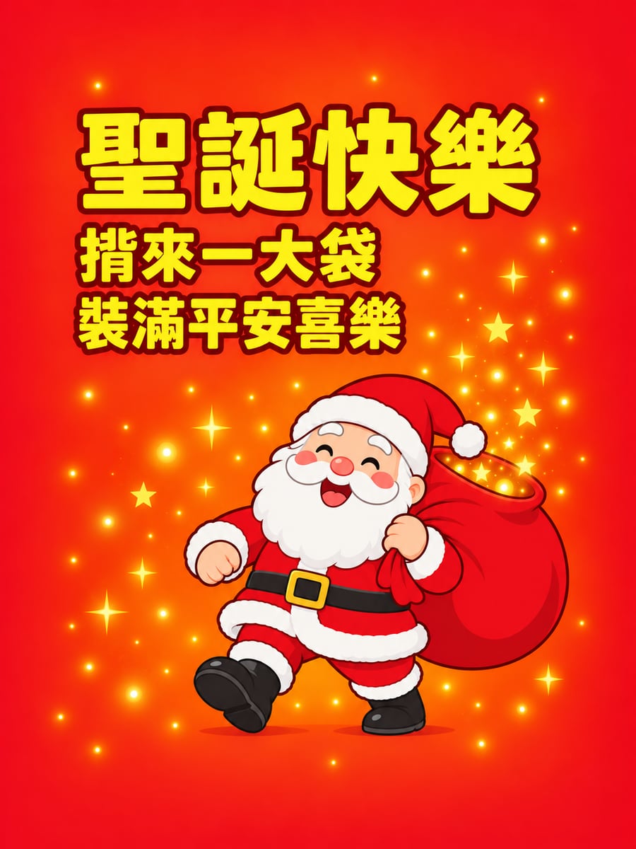揹著紅布袋的聖誕老公公。圖中文字：聖誕快樂，揹來一大袋，裝滿平安喜樂