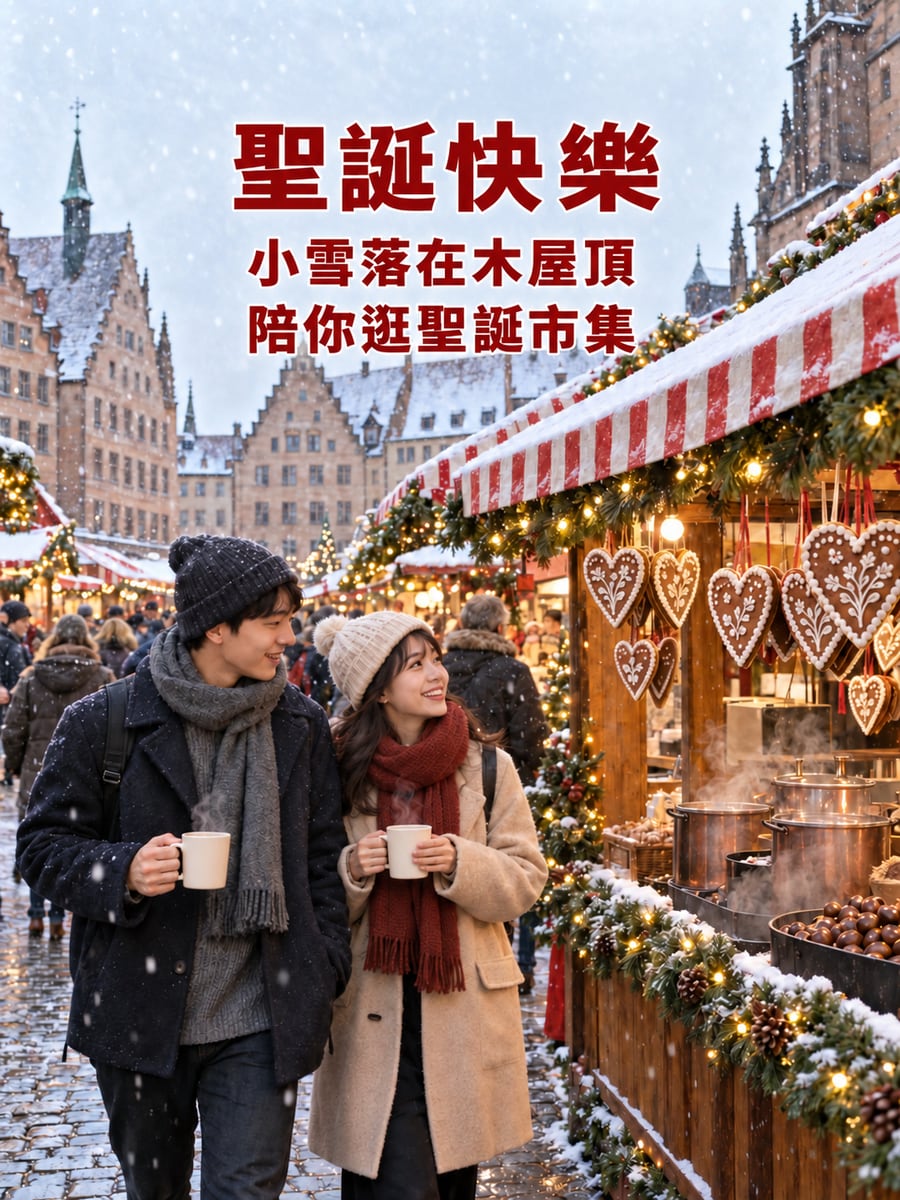 紐倫堡市集小雪。圖中文字：聖誕快樂，小雪落在木屋頂，陪你逛聖誕市集