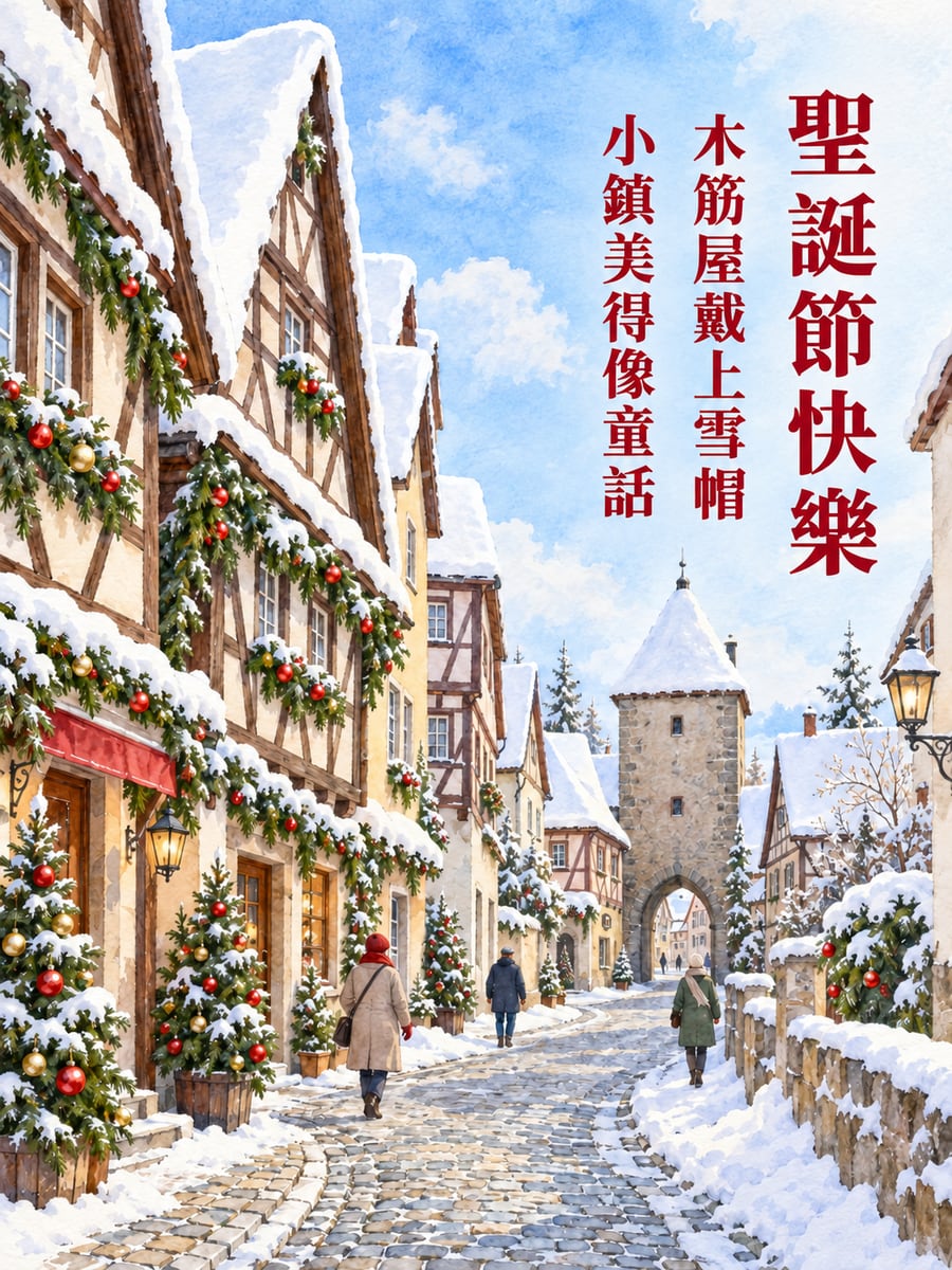 羅騰堡雪中小鎮。圖中文字：聖誕節快樂，木筋屋戴上雪帽，小鎮美得像童話