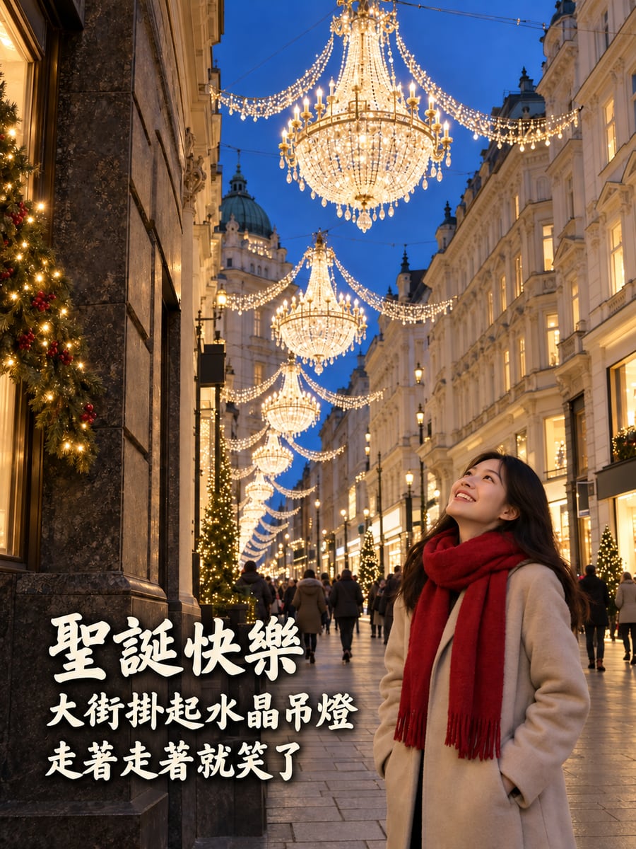 維也納吊燈大街。圖中文字：聖誕快樂，大街掛起水晶吊燈，走著走著就笑了